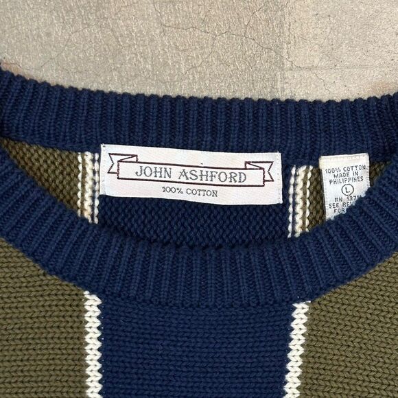 John Ashford VTG 90s Sweater Mens Large Green Blue Vertical Stripe Cotton Heavy - Picture 3 of 8
